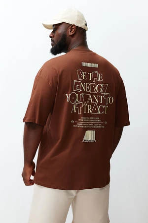 Trendyol Plus Size Brown Oversize/Wide Cut 100% Text Printed T-Shirt