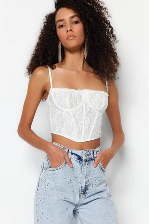 Trendyol Ecru Crop Podšité Korzetové Detaily Čipkovaný Bustier s Kotvami