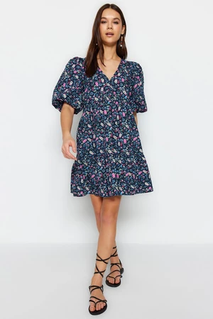 Trendyol Navy Blue Wide Cut Mini Woven Floral Pattern Woven Dress