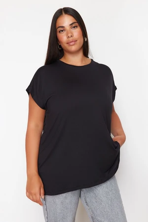 Trendyol Curve Black Boyfriend V-Neck Slit Knitted Modal Fabric T-Shirt