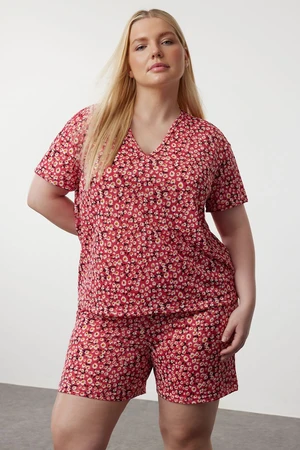 Trendyol Curve Pink Flower Patterned V-Neck Knitted Pajama Set