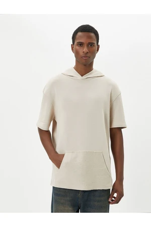 Koton Hooded T-Shirt Short Sleeve Kangaroo Pocket Detail Off Shoulders