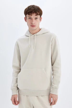 DEFACTO Ecru Pocket Regular Fit Hooded Soft Fuzzy Basic Plain Sweatshirt