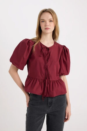 DEFACTO Regular Fit Round Neck Front Tie Poplin Short Sleeve Blouse