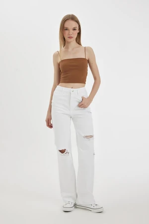 DEFACTO 90's Wide Leg High Waist Wide Leg Long Ripped Detailed White Jean Pants