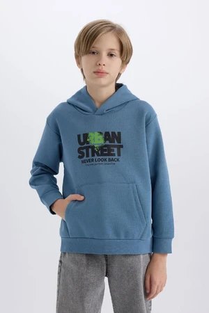 DEFACTO Boy's Hooded Printed Pocket Soft Furry Sweatshirt