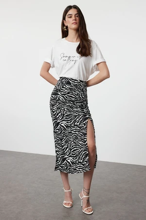 Trendyol Black Zebra Patterned Textured Slit Gathered Flexible Midi Knitted Skirt