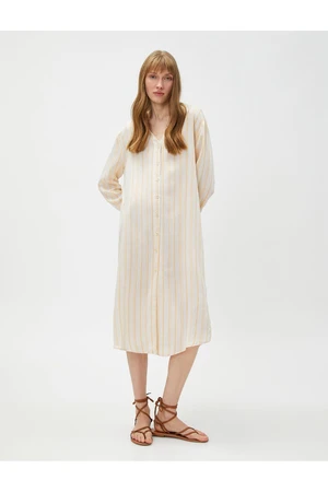 Koton Midi Shirt Dress V-Neck Linen Blended