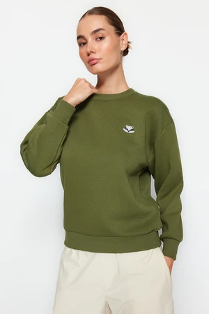 Trendyol Khaki Animal With Embroidery Regular/Normal Fit Knitted Sweatshirt with Fleece Inside