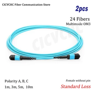 2pcs 24 Fibers MPO/UPC(Female)-MPO/UPC(Female)-Patchcord-Multimode OM3-300-Polarity A,B,C-3.0mm cable-1m to 10m