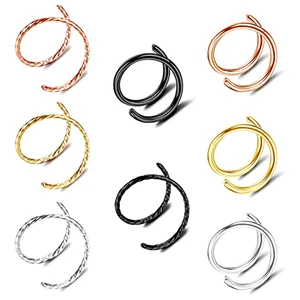 WKOUD 8pcs Double Nose Ring For Single Piercing 6mm 8mm 10mm Spiral Stainless Steel Twisted Hoop Nose Ring