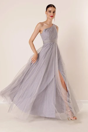 By Saygı One-Shoulder Draped and Lined Long Glittery Tulle Dress Gray