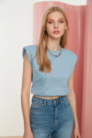 Trendyol Blue 100% Cotton Padded Crop Crew Neck Knitted T-Shirt