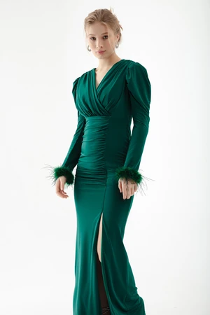 Lafaba Women's Emerald Green Double Breasted Neck Sleeves Feather Slit Evening Dress