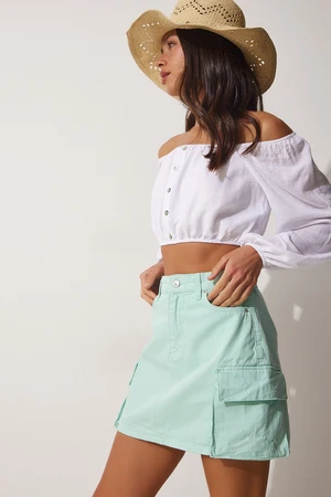 Happiness İstanbul Women's Water Green Mini Cargo Denim Skirt