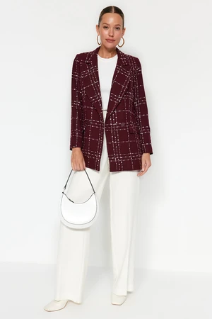 Trendyol Burgundy Oversize Woven Plaid Blazer Jacket