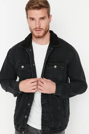 Trendyol Men's Black Regular Fit Denim Jacket with Shearling Collar.