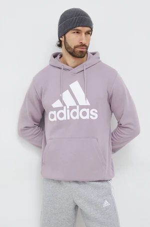 Bavlněná mikina adidas pánská, fialová barva, s kapucí, s potiskem, IS1353