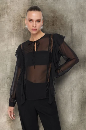 Trendyol Black Flounce Lace Detailed Woven Chiffon Blouse