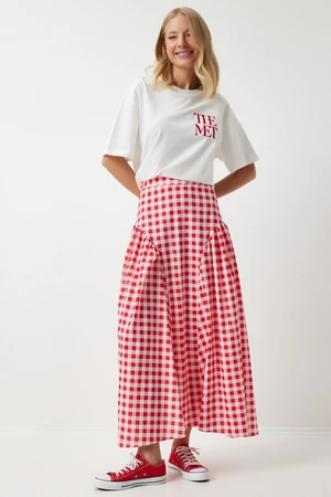 Happiness İstanbul Women's Dark Pink Gingham Flounce Summer Poplin Skirt