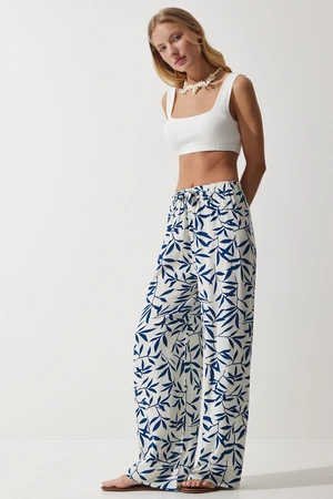 Happiness İstanbul Women's White Navy Blue Patterned Flowing Viscose Palazzo Trousers