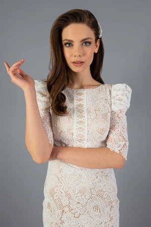 Carmen Ecru Lace Sleeve Flounced Engagement Dress and Wedding Dress