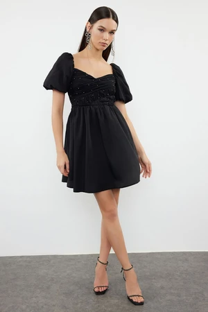 Trendyol Black A-Cut Pearl Detailed Woven Short Elegant Evening Dress