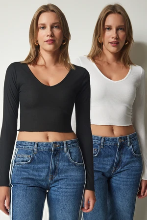 Happiness İstanbul Women's Black and White V-Neck 2-Pack Crop Knitted Blouse