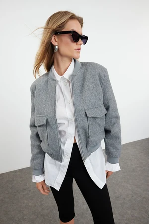 Trendyol Grey Regular Pattern Knitted Cashmere Bomber Jacket Coat