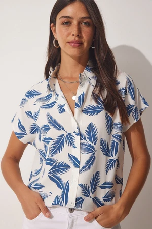 Happiness İstanbul Women's Blue White Patterned Viscose Shirt