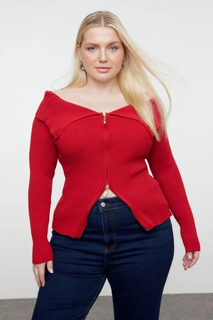 Trendyol Curve Dark Red Zippered Wide Collar Knitwear Cardigan