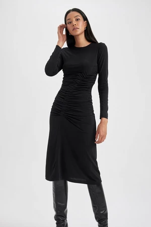 DEFACTO Bodycon Round Neck Midi Long Sleeve Dress