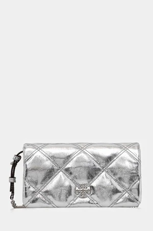 Kožená kabelka Tory Burch Kira Metallic Diamond stříbrná barva, 158631