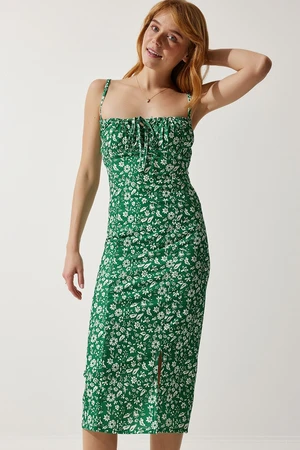 Happiness İstanbul Women's Vibrant Green Floral Slit Summer Knitted Dress