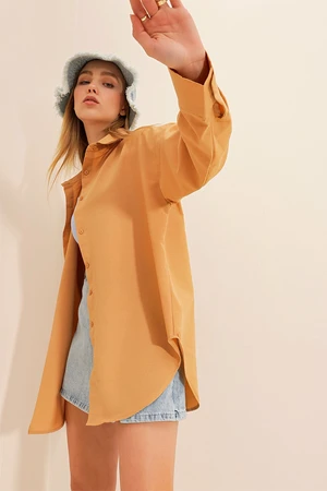 Trend Alaçatı Stili Women's Camel Oversize Long Woven Shirt