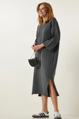 Happiness İstanbul Women's Dark Gray Polo Neck Oversize Knitwear Dress