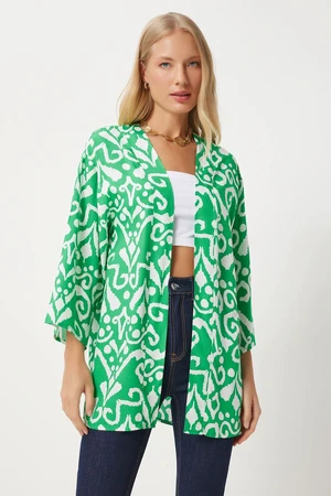 Happiness İstanbul Women's Green Ecru Patterned Viscose Kimono