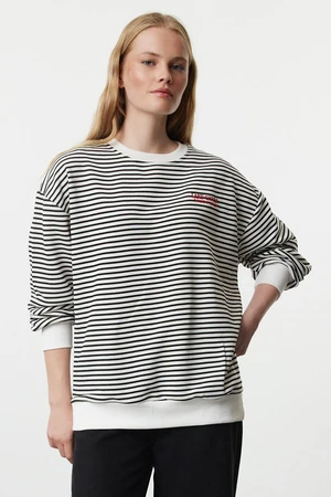 Trendyol Black Striped Slogan Embroidered Oversize/Wide Fit Long Sleeve Knitted Sweatshirt