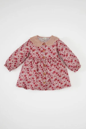 DEFACTO Baby Girl Wide Knitted Collar Floral Patterned Buttoned Long Sleeve Twill Dress