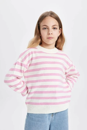 DEFACTO Girl Light Pink Striped Standard Fit Crew Neck Basic Plain Knitwear Sweater