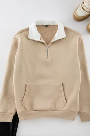 Trendyol Beige Oversize/Wide Cut High Collar Thick Sweatshirt