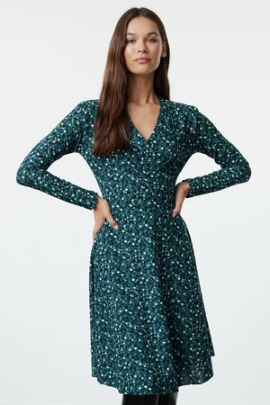 Trendyol Green Floral Midi Printed Midi Double Breasted Skater/Waist Open Elastic Knit Dress