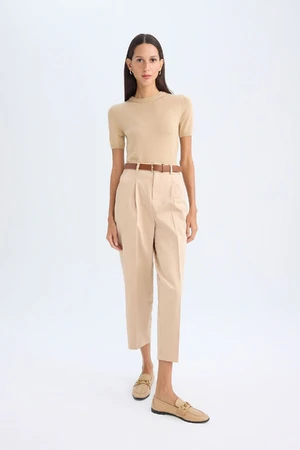 DEFACTO Carrot Fit High Waist Skinny Leg Pleated Basic Straight Short Leg Belted Classic Trousers