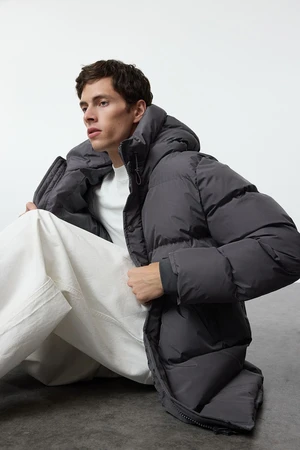 Trendyol Anthracite Regular Fit Hooded Puffer Winter Coat with Zipper Pocket