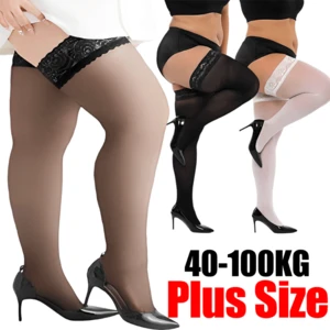 Plus Size Sexy Lace Thigh High Knee Stockings Lingerie Women Transparent High Elastic Stockings Nylon Lace Temptation Medias