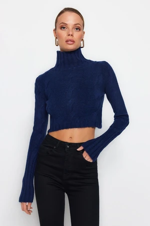 Trendyol Navy Blue Crop mäkký textúrovaný pletený sveter