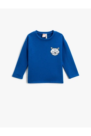 Koton Long Sleeve T-Shirt Crew Neck Cat Applique Detailed