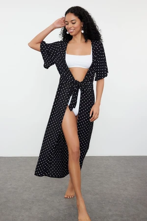 Trendyol Polka Dot Belted Maxi Woven Tie-Up Kimono&Kaftan