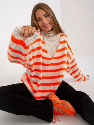 White-orange oversized sweater with V-OCH neckline BELLA