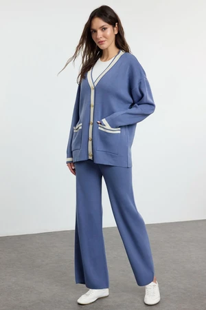 Trendyol Indigo Color Block Gold Buttoned Pocket Cardigan-Pants Knitwear Bottom-Top Set